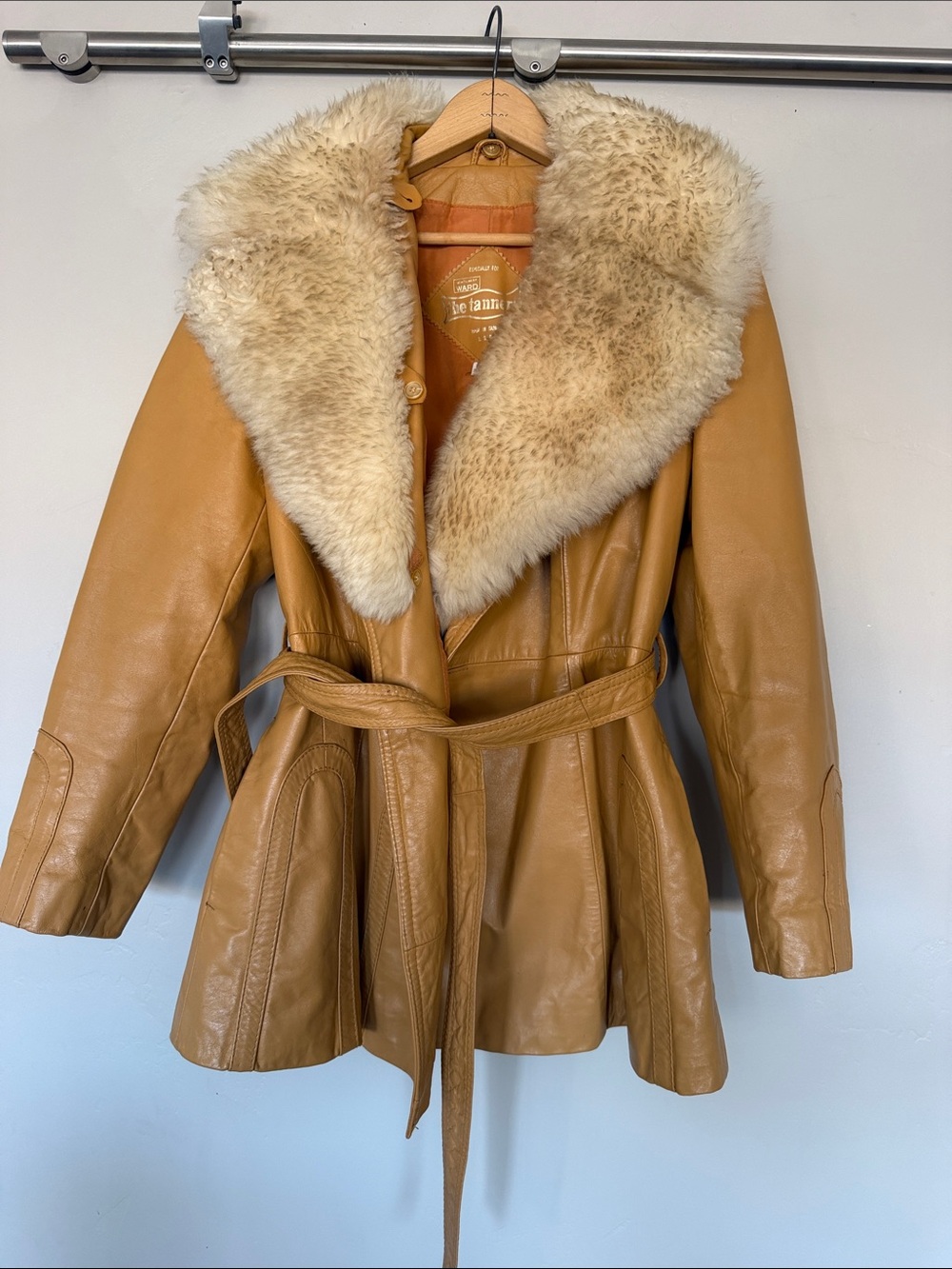 Vintage Montgomery Ward Leather Belted Coat with Fur Collar - Camel